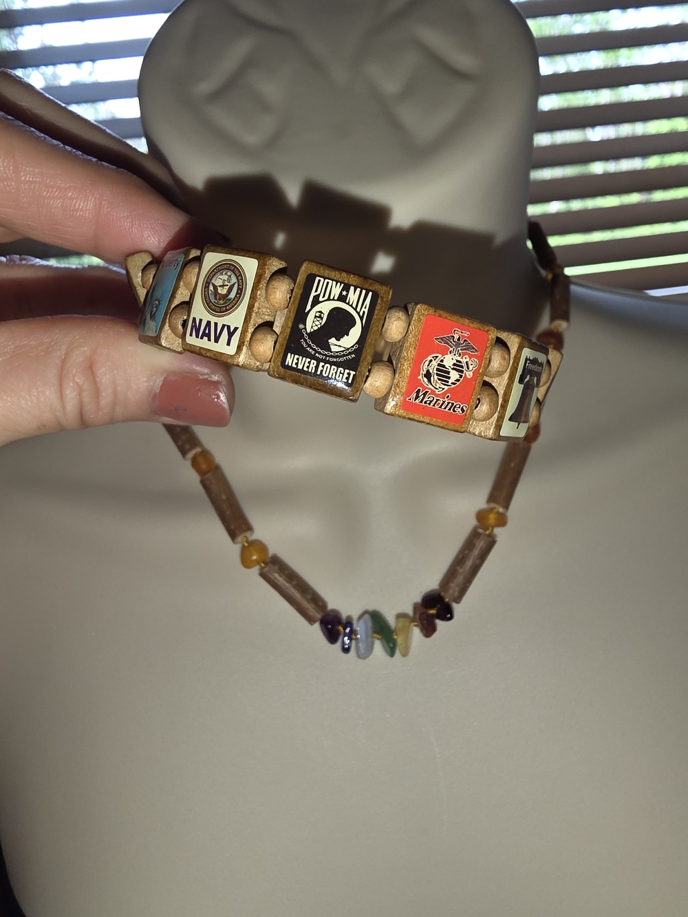 Patriotic Wooden Military Icons Bracelet & Necklace w Stone Chips